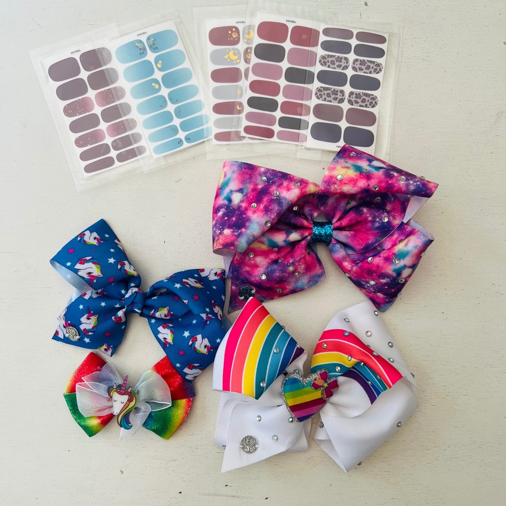 JoJo Siwa Hair Bow Bundle with Galaxy Rainbow Unicorn Designs & Nail Wraps